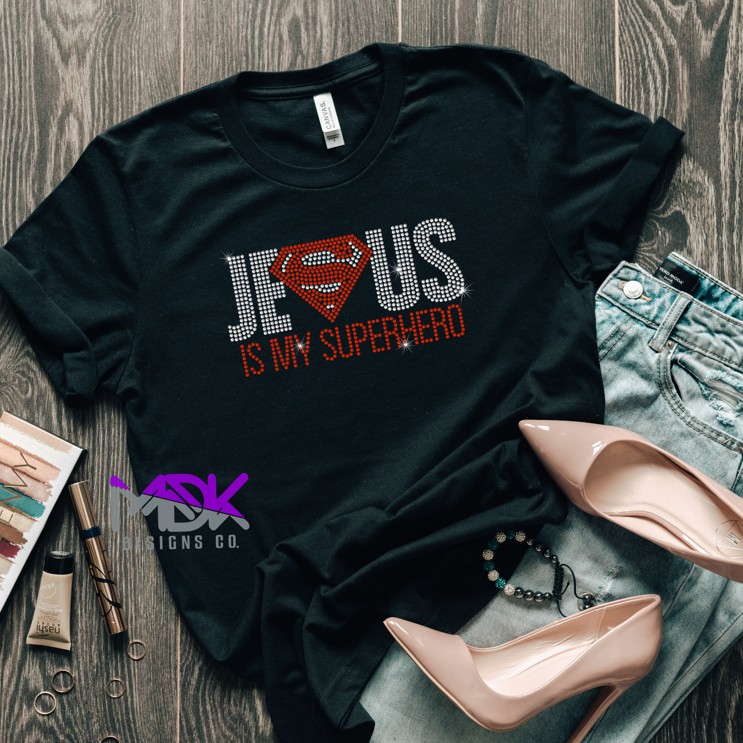 Jesus Is My Superhero Rhinestone Shirt
